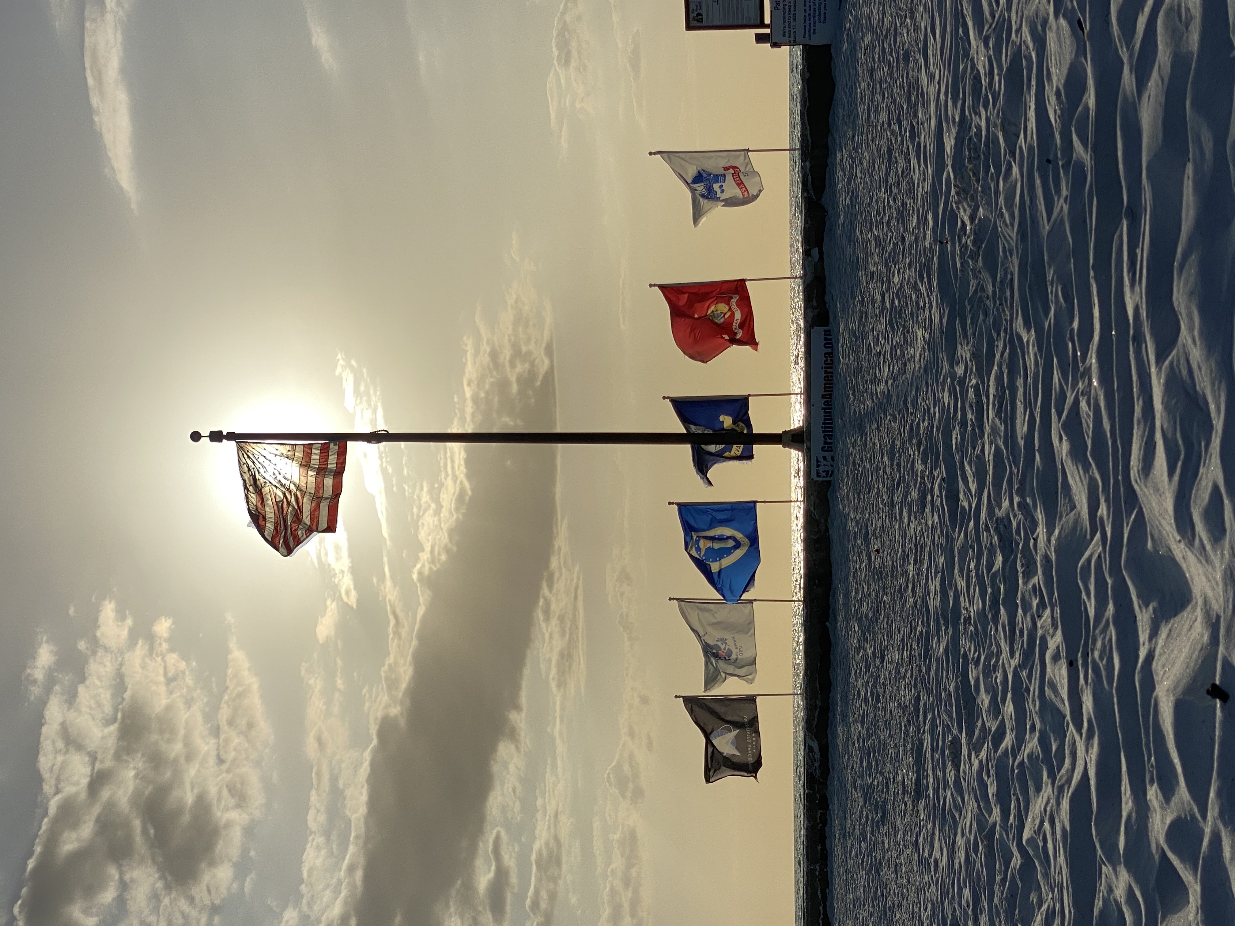 Service branch flags at sunset