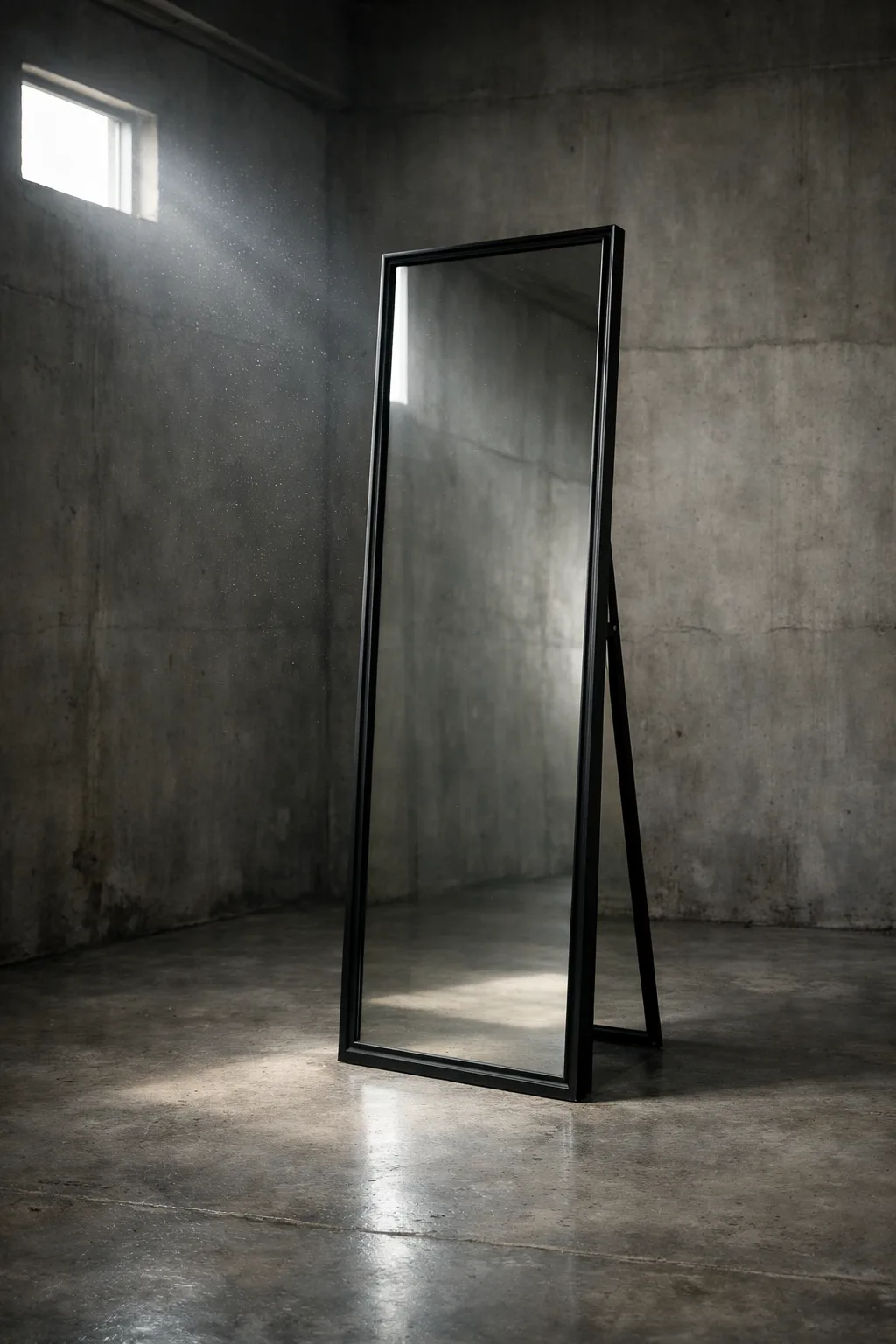 Black-framed mirror standing alone in a dim concrete room — awareness without structure is just a reflection
