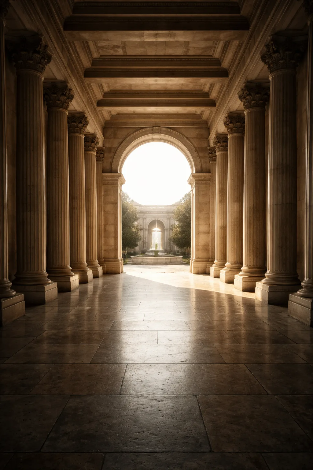 Stone columned hallway stretching into light — legacy outlives success