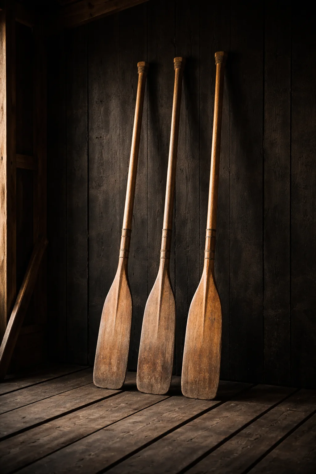 Three oars leaning against a boathouse — ownership is leverage